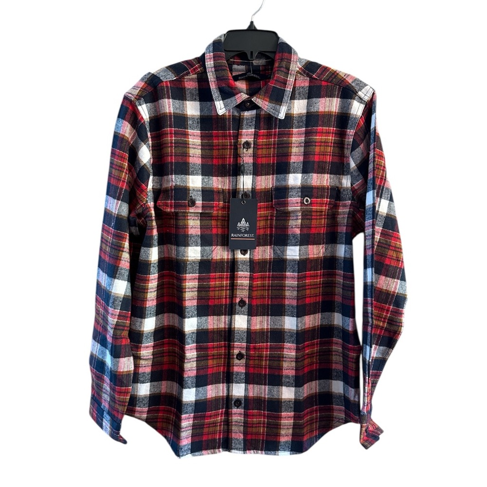 NEW RAINFOREST Men’s Red/Black/white Plaid Flannel Shirt size Medium